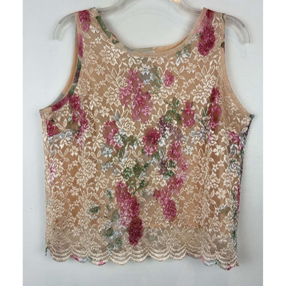 Vintage Lace Top Women 16 Petite Boho Pastel Floral Scalloped Hem Lined Romantic